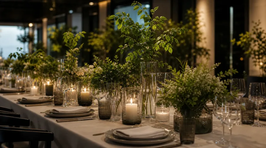 Firemný eventový stôl s floristickým stylingom a zeleňou